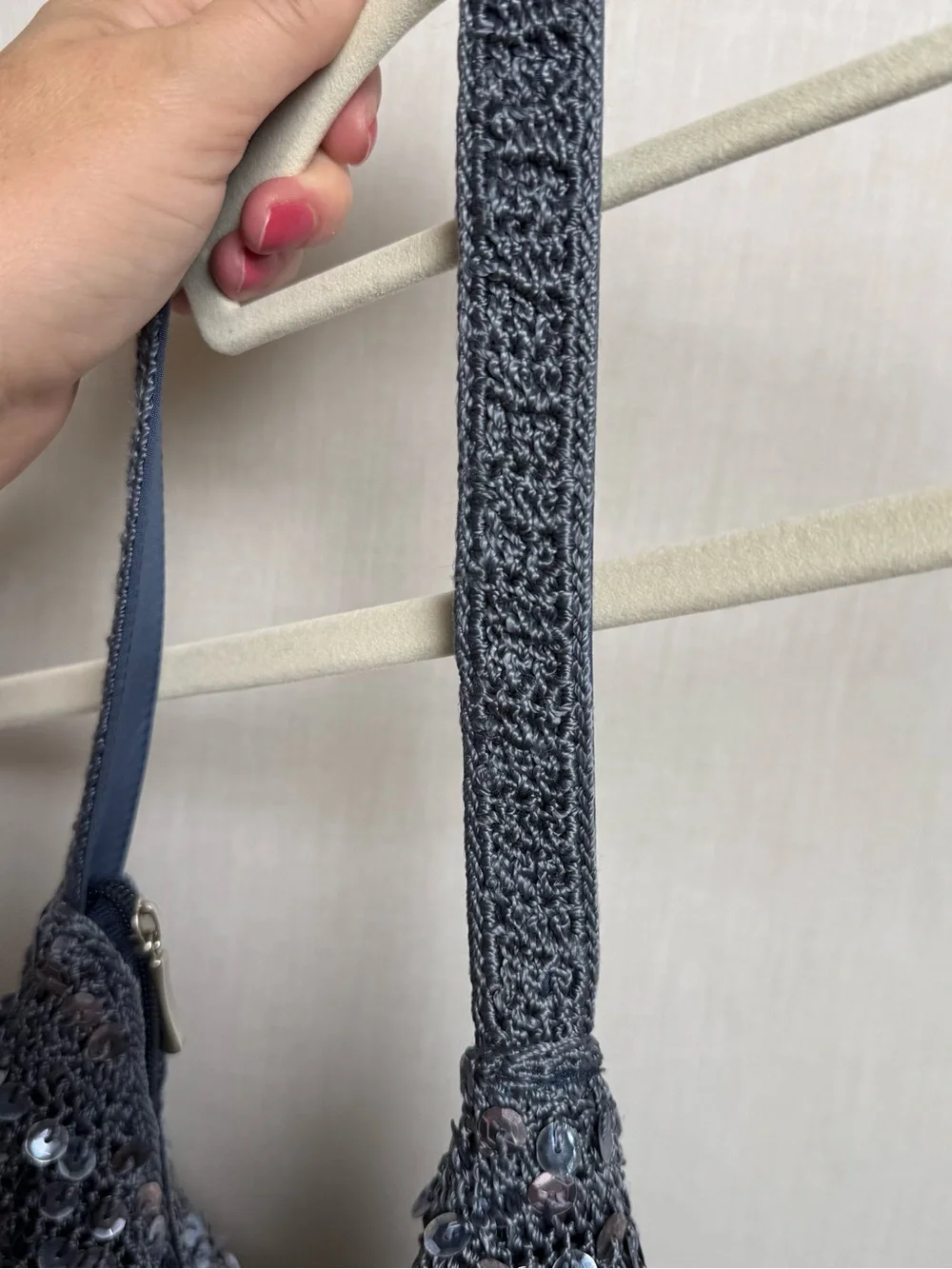 Y2K Style Sequin Crochet Hobo Bag Gray Silver Shoulder Purse Zip Lined